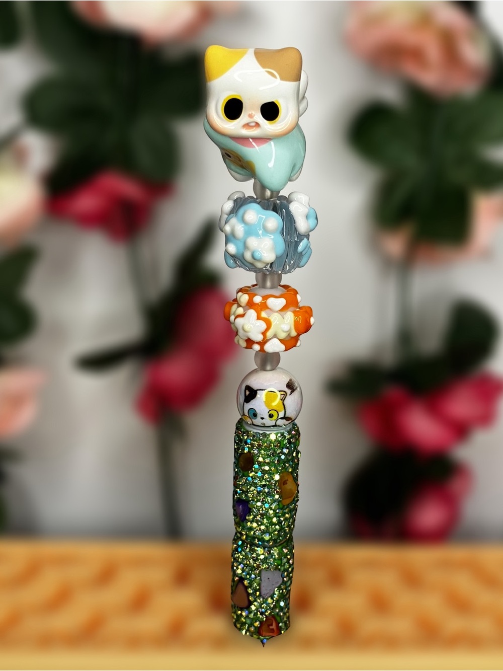 Handmade Rhinestone Beaded Pen with a Pitty Wearing a Fish Shirt Figure Topper